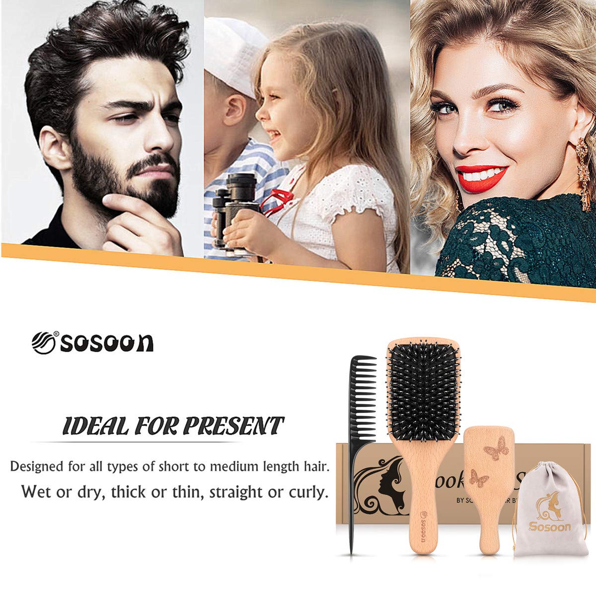 Hair Brush, Sosoon Boar Bristle Paddle Hairbrush for Long Thick Curly Wavy Dry or Damaged Hair,