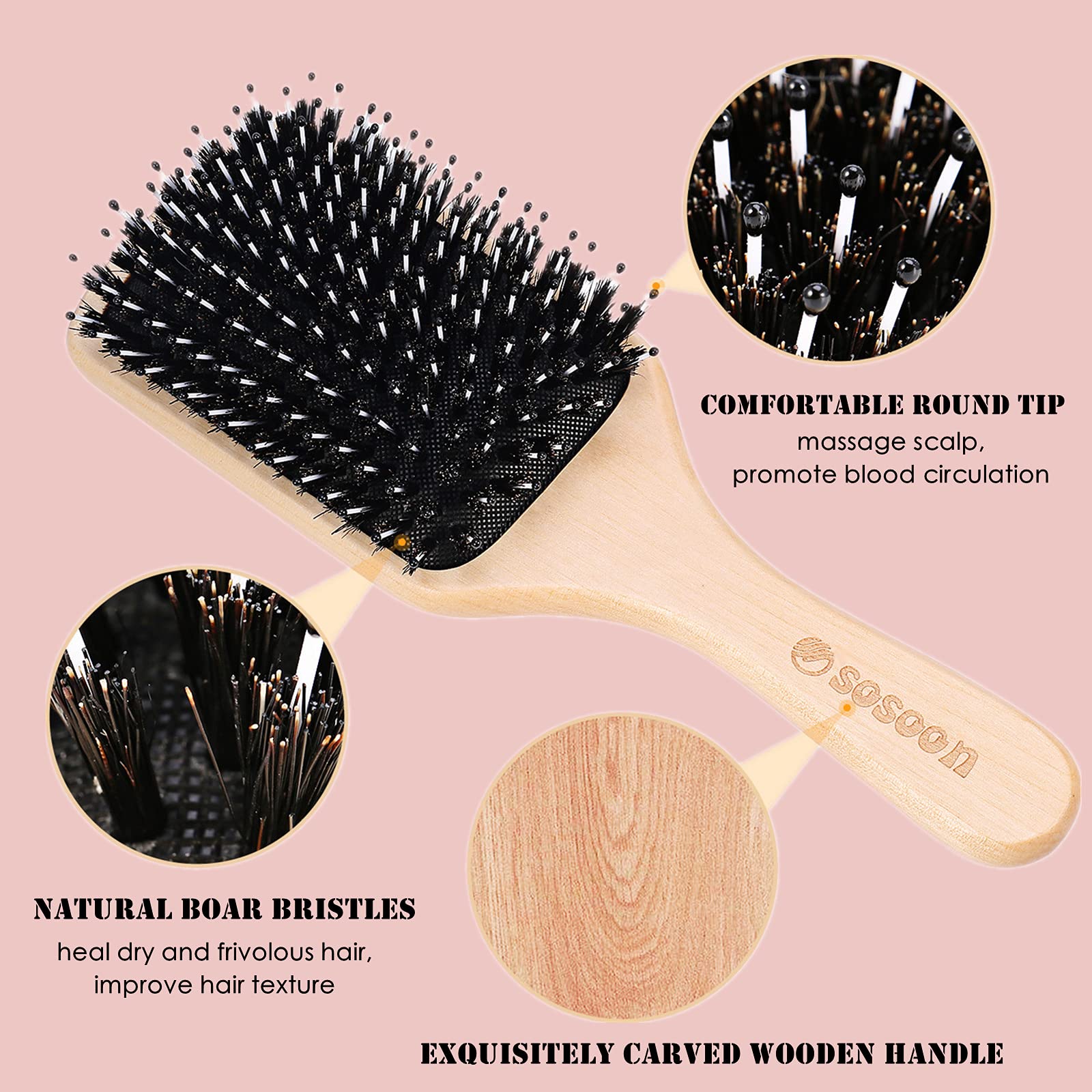 Hair Brush, Sosoon Boar Bristle Paddle Hairbrush for Long Thick Curly Wavy Dry or Damaged Hair,