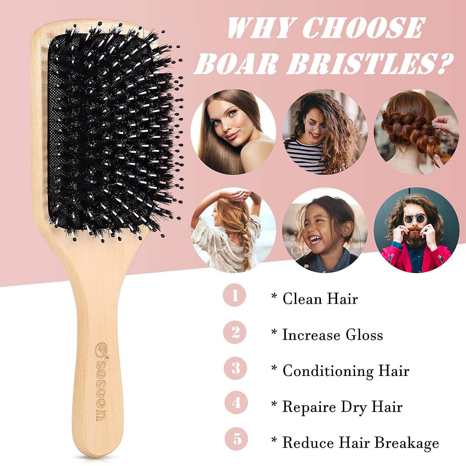 Hair Brush, Sosoon Boar Bristle Paddle Hairbrush for Long Thick Curly Wavy Dry or Damaged Hair,