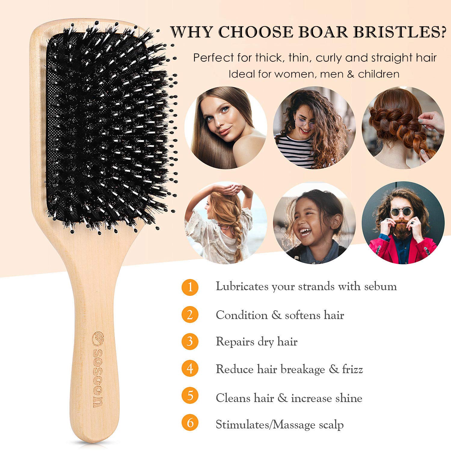 Hair Brush, Sosoon Boar Bristle Paddle Hairbrush for Long Thick Curly Wavy Dry or Damaged Hair,