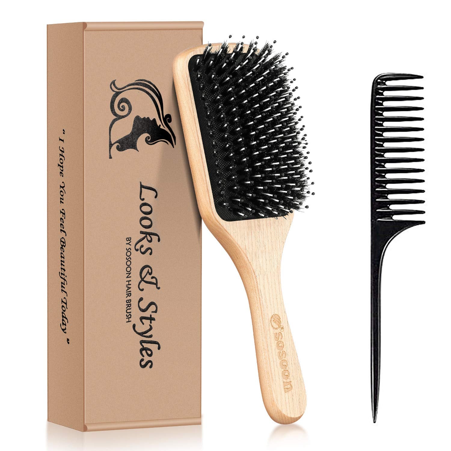 Hair Brush, Sosoon Boar Bristle Paddle Hairbrush for Long Thick Curly Wavy Dry or Damaged Hair,