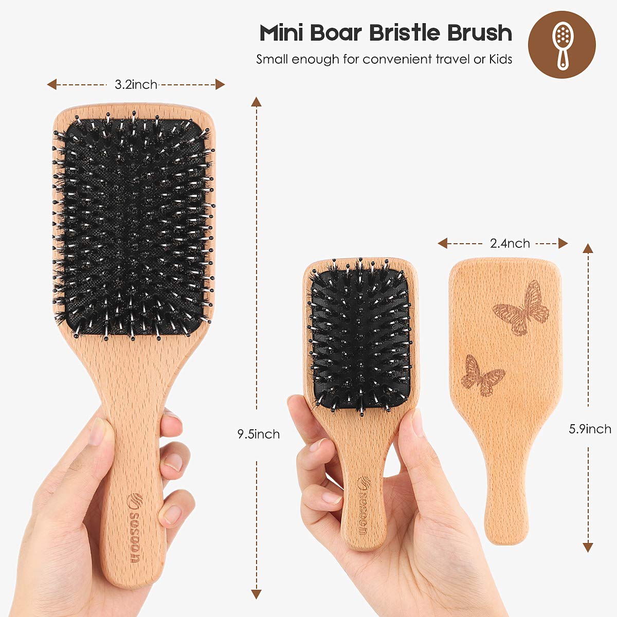 Hair Brush, Sosoon Boar Bristle Paddle Hairbrush for Long Thick Curly Wavy Dry or Damaged Hair,
