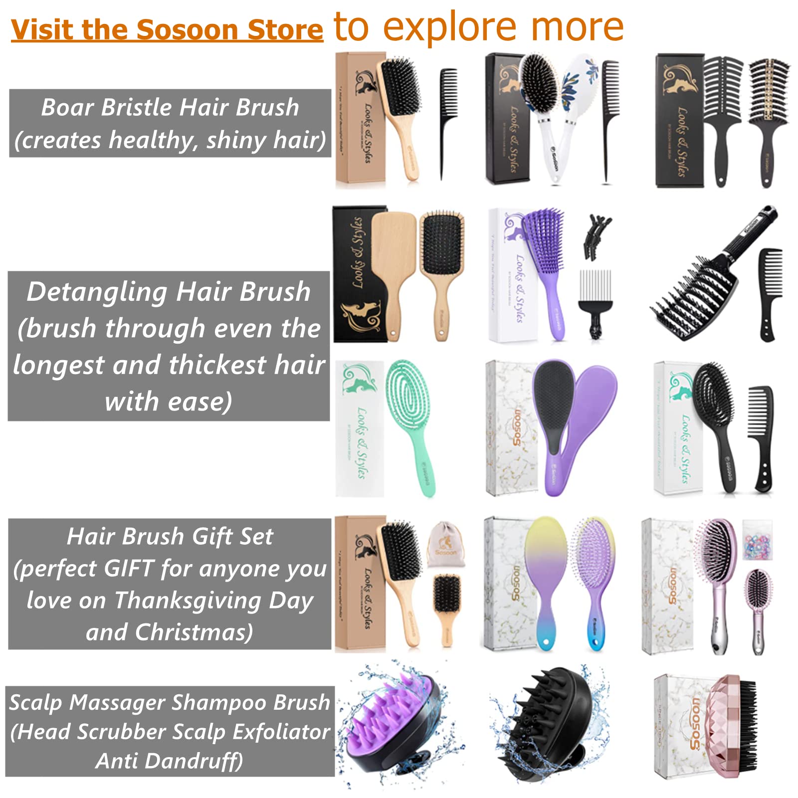 Hair Brush, Sosoon Boar Bristle Paddle Hairbrush for Long Thick Curly Wavy Dry or Damaged Hair,