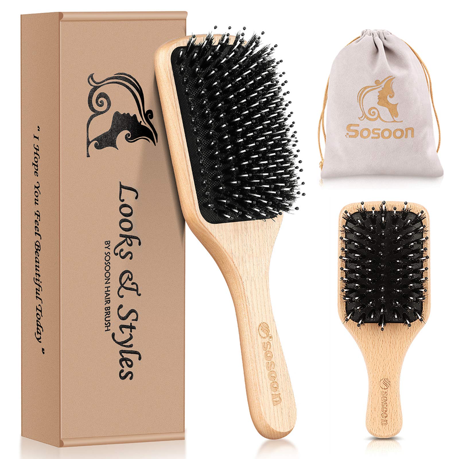 Hair Brush, Sosoon Boar Bristle Paddle Hairbrush for Long Thick Curly Wavy Dry or Damaged Hair,