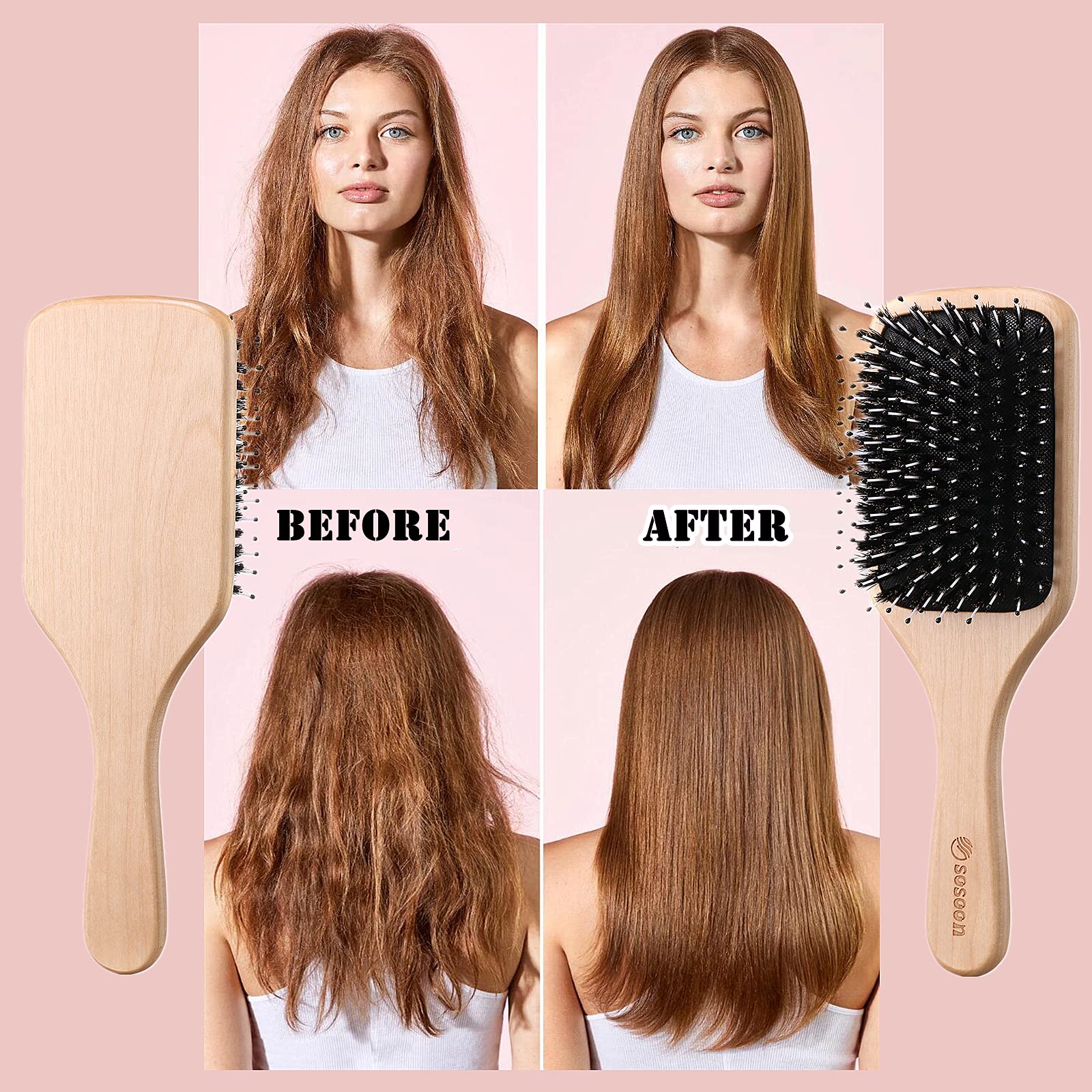 Hair Brush, Sosoon Boar Bristle Paddle Hairbrush for Long Thick Curly Wavy Dry or Damaged Hair,